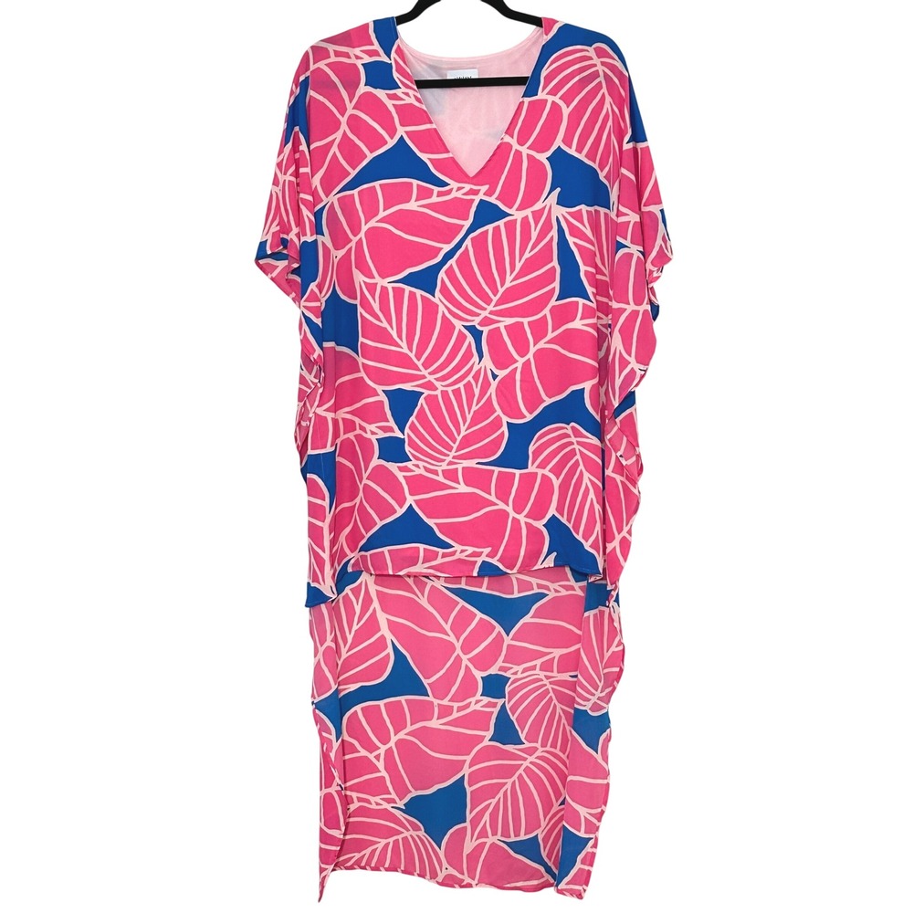 Adrienne Women Plus 2X Top Pink Blue Tropical Hi Low Kaftan Flowy Cruise Resort